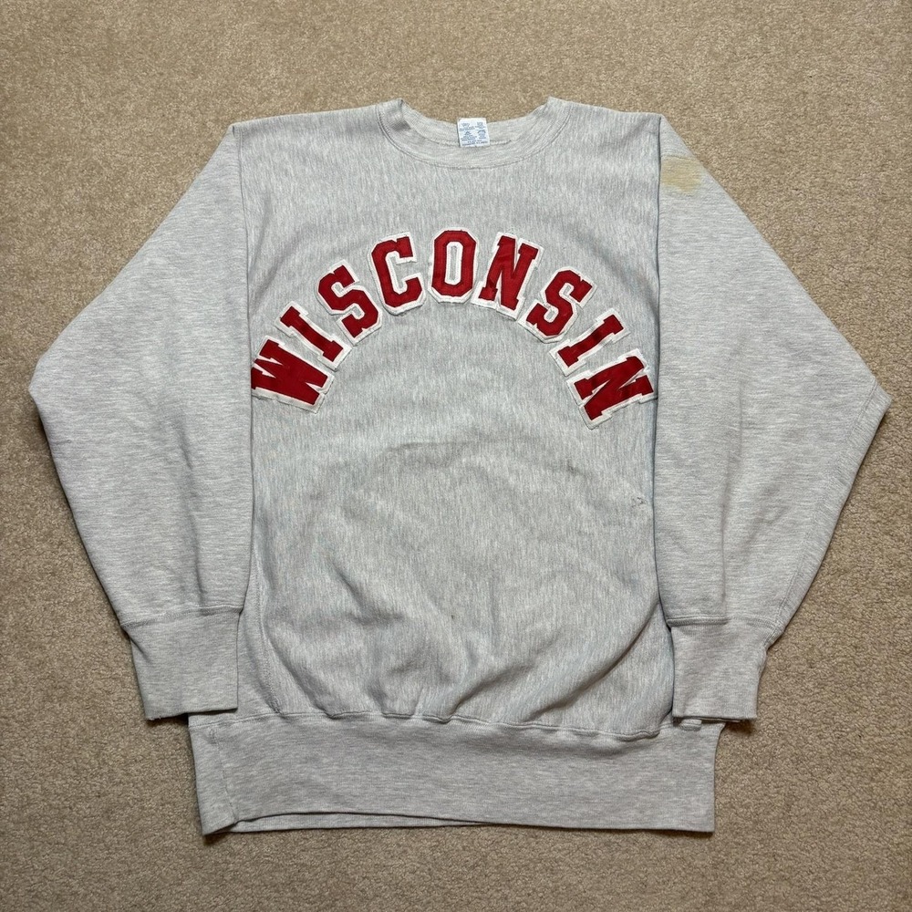Vtg‎ Wisconsin Badgers Champion Reverse Weave Crewneck Sweatshirt 2XL Gray 90s